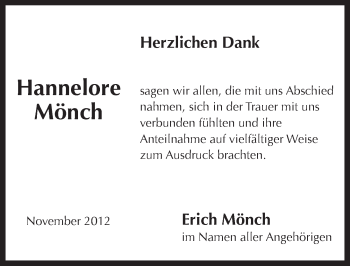 Traueranzeige von Hannelore Mönch von Pegnitz-Zeitung